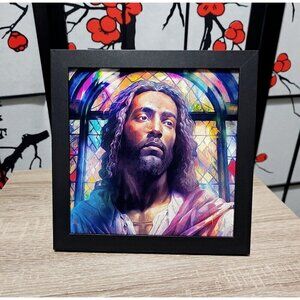 8x8 Black Jesus Stained Glass Wall Art Watercolor Oil Painting Framed Print
